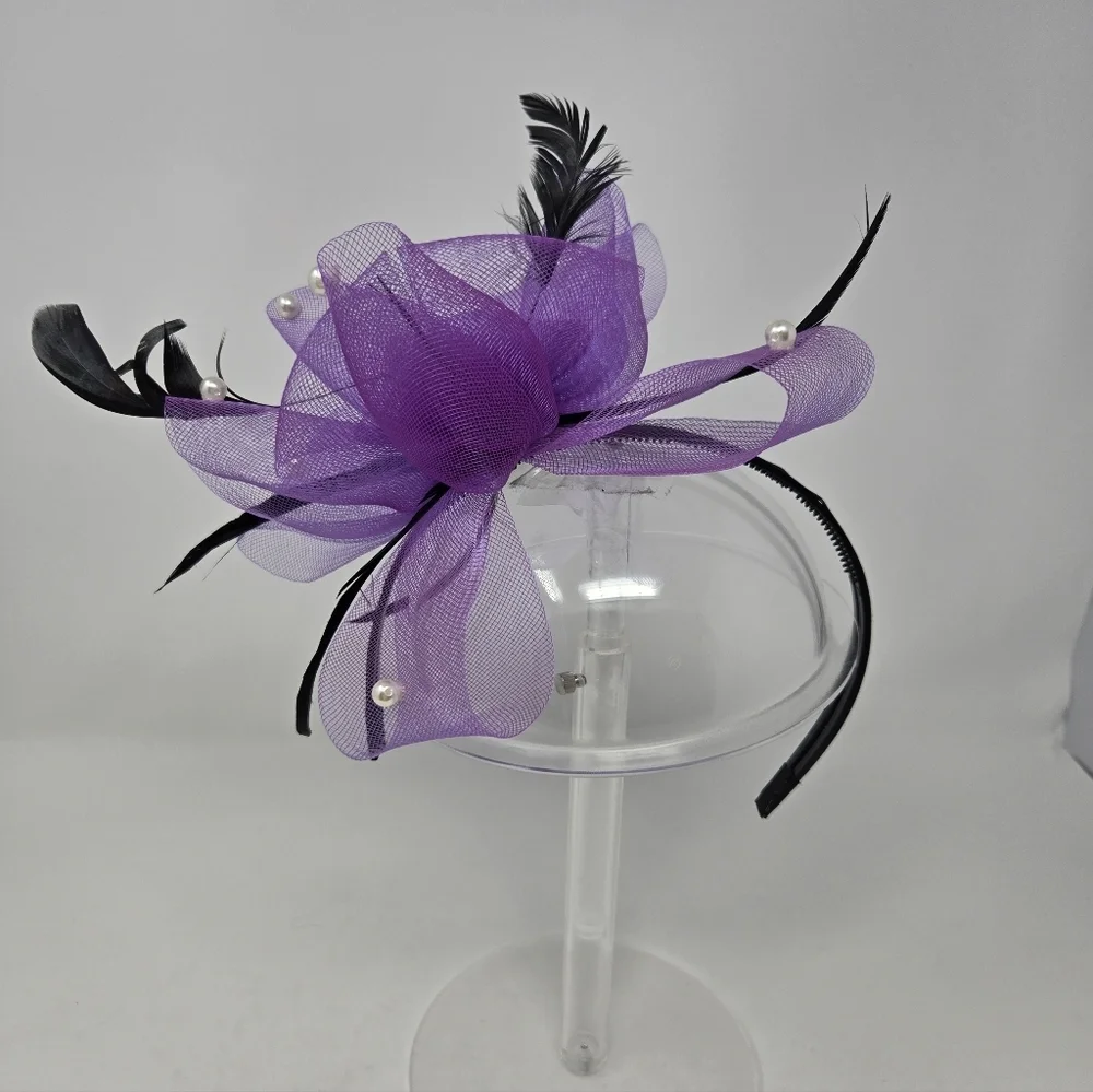 HANDMADE VINTAGE FASCINATOR HEADBAND BLACK & PURPLE KENTUCKY DERBY WOMEN OS
